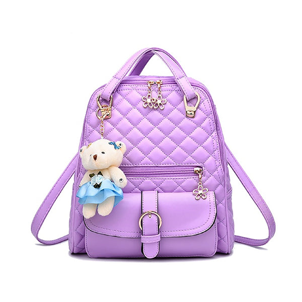 Stylish Plush Backpack with Teddy Bear Charm, Main, Lavender