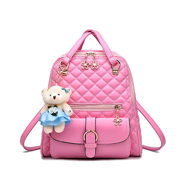 Stylish Plush Backpack with Teddy Bear Charm, Main, Light Pink