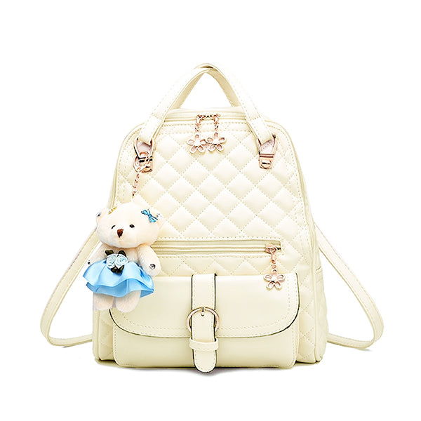 Stylish Plush Backpack with Teddy Bear Charm, Main, Off White