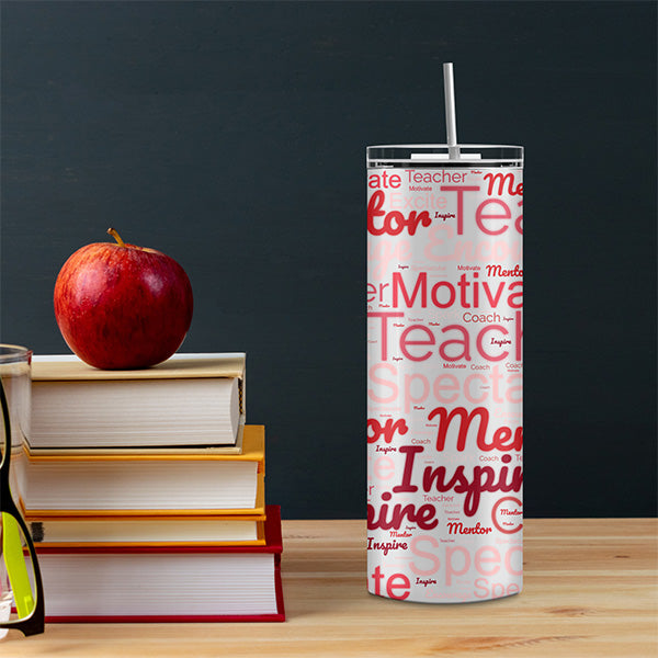 Red Teacher Tumbler with all surround words such as Mentor, Inspire, Coach, Spark, Excite, Motivate and more. all SKUs