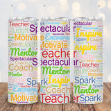 Front, back, side views of our teacher tumbler in multicolor style. all SKUs