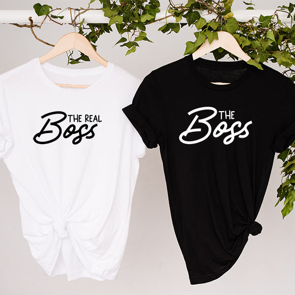 Custom couple matching shirts with The Boss and The Real Boss print on the front.  Choose from seven shirt styles including short sleeved tees, long sleeved tees, hoodies, tank tops, crop tops, tank tops, sweatshirts and more.  Select from XS, S, M, L, XL, 2XL, 3XL, 4XL, 5XL and 6XL.  all SKUs