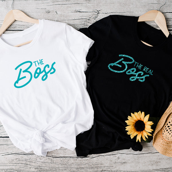 Crazy Daisyworld Matching Couple T-Shirts - 'He Is The Man But She Is Boss' Print, 100% Cotton