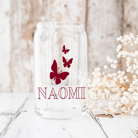 Cute libby glass can with three butterflies that can be personalized with name.  Select from our standard colors or send us a custom color.