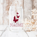 Cute libby glass can with three butterflies that can be personalized with name.  Select from our standard colors or send us a custom color.