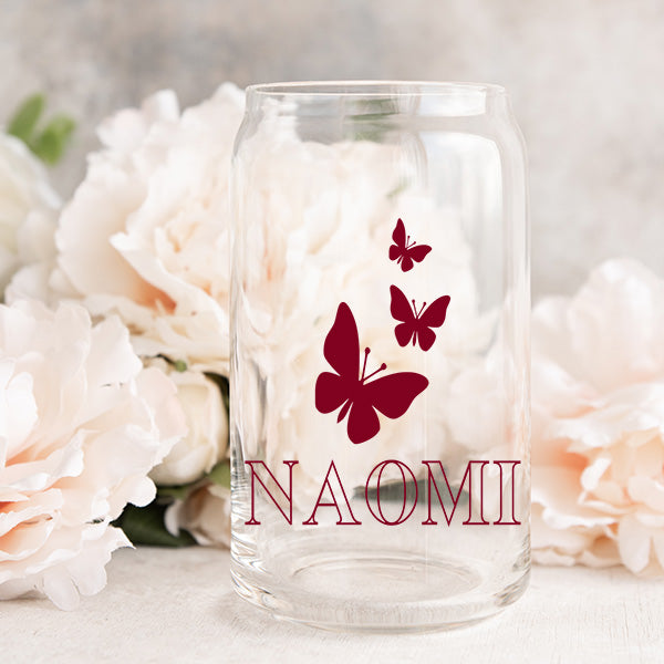 Personalized birthday tumbler for girls and pre-teens.  This tumbler is made with a libbey glass and comes with bamboo lid with silicone ring seal and glass straw.