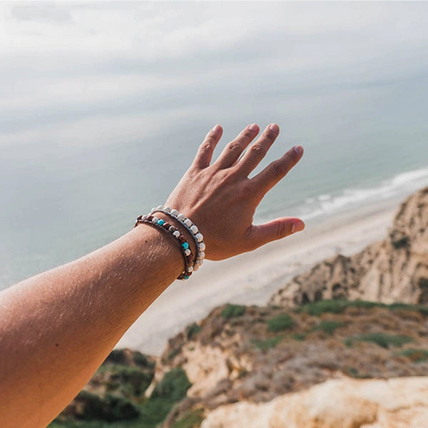 Mens Handmade Natural Stones Bracelet with Adjustable Cord -  Mens Bracelet from Lotus and Luna - Throne of Zeus on Model - all SKUs