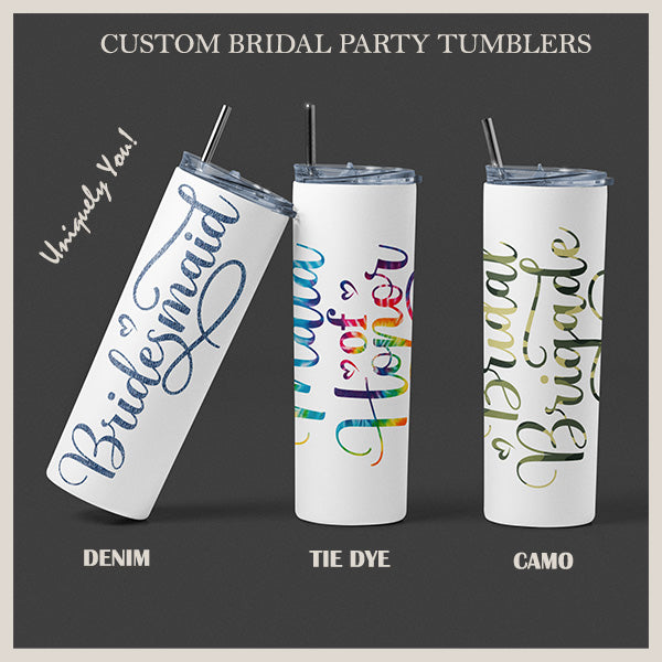 Unique Personalized Bridesmaid Tumbler, Proposal Gift for Maid of Honor, Flower Girl | Custom Tumbler w Camo, Petal, Valentine, Beach Design