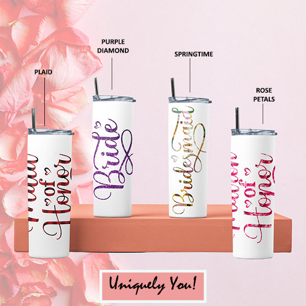 Unique Personalized Bridesmaid Tumbler, Proposal Gift for Maid of Honor, Flower Girl | Custom Tumbler w Camo, Petal, Valentine, Beach Design