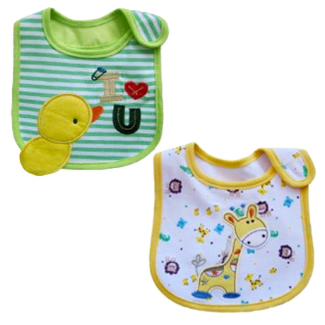 2 Pack of Baby Waterproof Cotton Bibs with Embroidered Designs - Gifts Are Blue - Unisex Giraffe Ducky Design