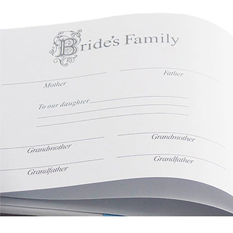 White Satin Wedding Guest Book and Pen Set with a Teal Scroll Design - Gifts Are Blue - 3