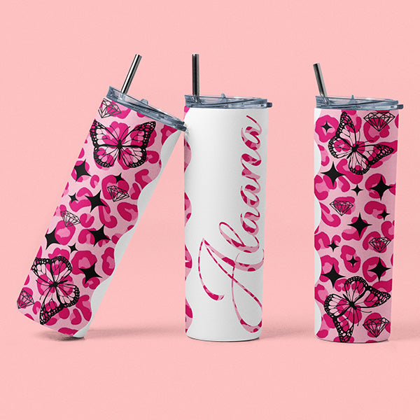 Pretty Leopard Print Personalized Girl Tumbler with Name and Butterfly Design, 15 oz Personalized Tumbler for Girls and Preteens