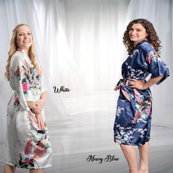 Floral White Satin Bride Robe and Navy Blue Bridesmaid Floral Robe