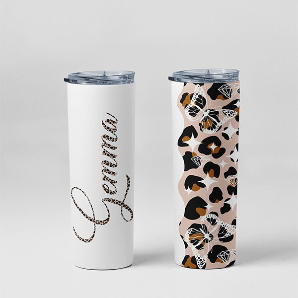 Pretty Leopard Print Personalized Girl Tumbler with Name and Butterfly Design, 15 oz Personalized Tumbler for Girls and Preteens