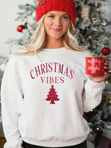 Christmas Sweatshirt for the holiday season featuring red glitter writing of Christmas Vibes with Christmas tree.  Great for wearing in or out.  all SKUs