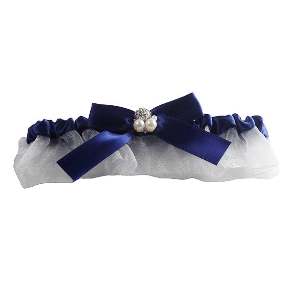 white tulle skirt garter with pearls and blue main