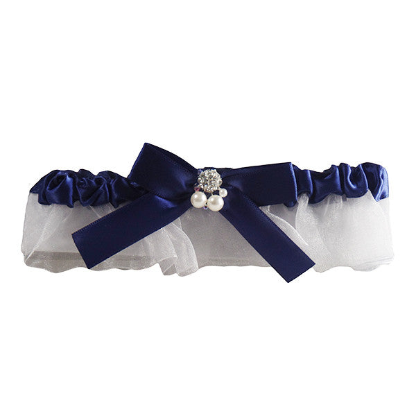 white tulle skirt garter with pearls and blue ribbon
