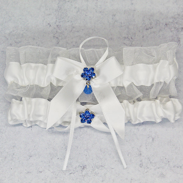 White Wedding Garter Set with Something Blue Flower Charm - Plus from Gifts Are Blue White Wedding Garter Set with Something Blue Flower Charm - Plus from Gifts Are Blue