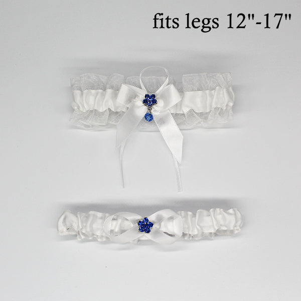 white wedding garter set with flower charm measurements