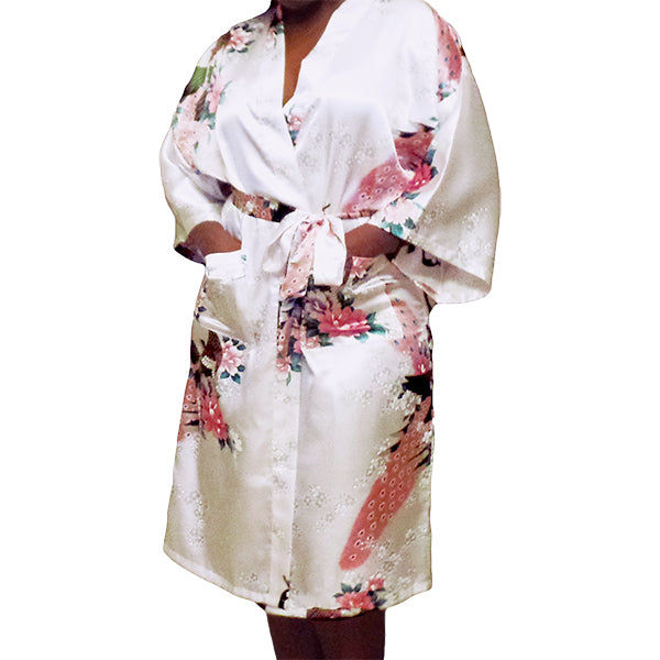 white womens robe plus size floral peacock design model