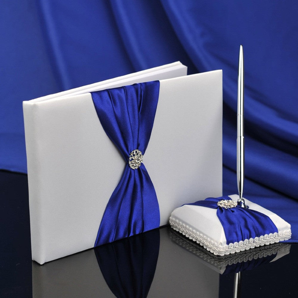 White Satin Wedding Guest Book and Pen Set With Royal Blue Sash - Gifts Are Blue - 2
