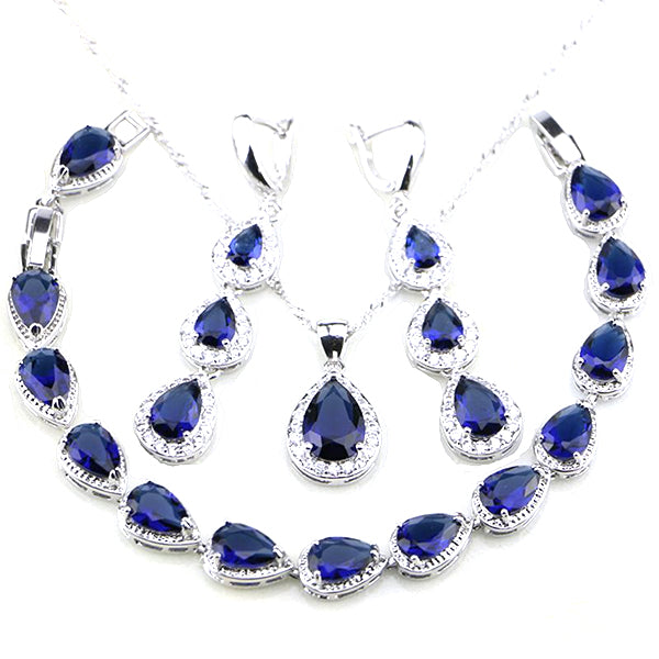 Womens 3 pc Jewelry Set Sterling Silver Sapphire necklace earrings bracelet