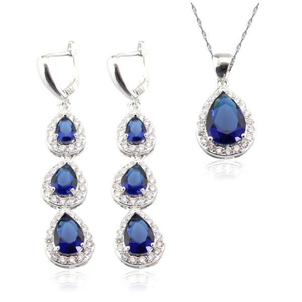 Womens 3 pc Jewelry Set Sterling Silver Sapphire necklace earrings
