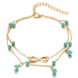 Womens Boho Style Infinity Double Anklet with Blue Beads