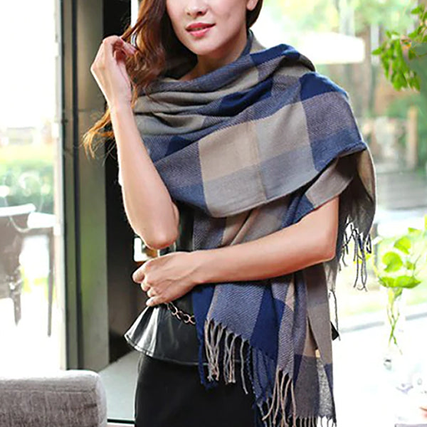 1pc Blue Plaid Pattern Double Use Scarf For Women, Winter Fashionable And  Versatile