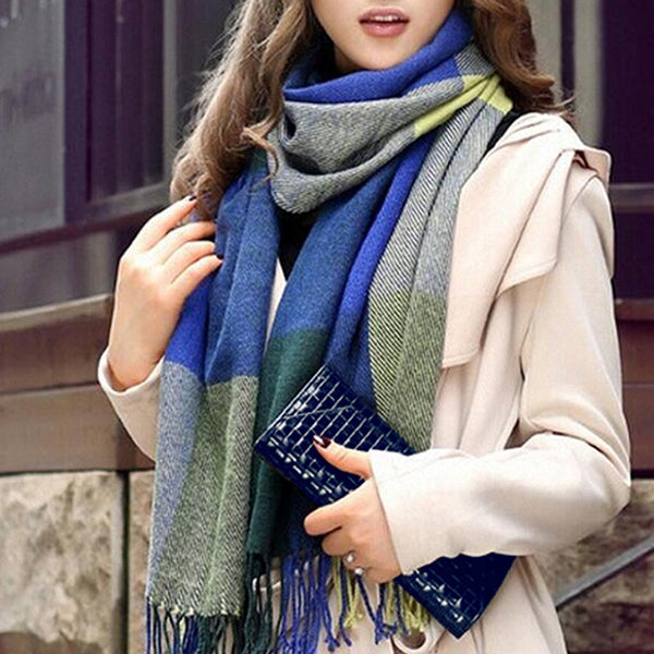 1pc Blue Plaid Pattern Double Use Scarf For Women, Winter