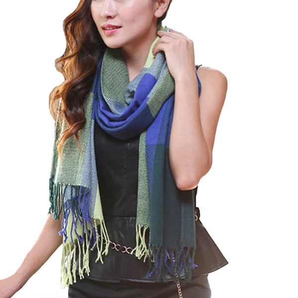 Giftsareblue Fashionable Womens Large Plaid Wool Scarves for Fall and Winter, Blue/Green 07