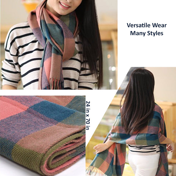 Beautiful Womens Cashmere Scarf Details, Blue/Olive/Pink 09