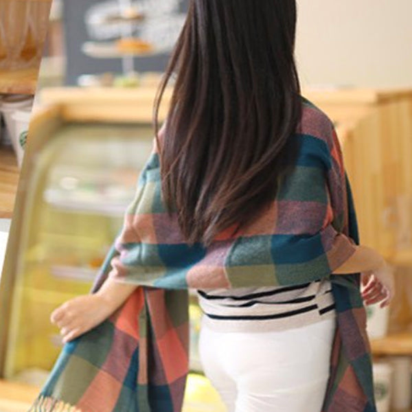 Beautiful Womens Cashmere Scarf Backview, Blue/Olive/Pink 09