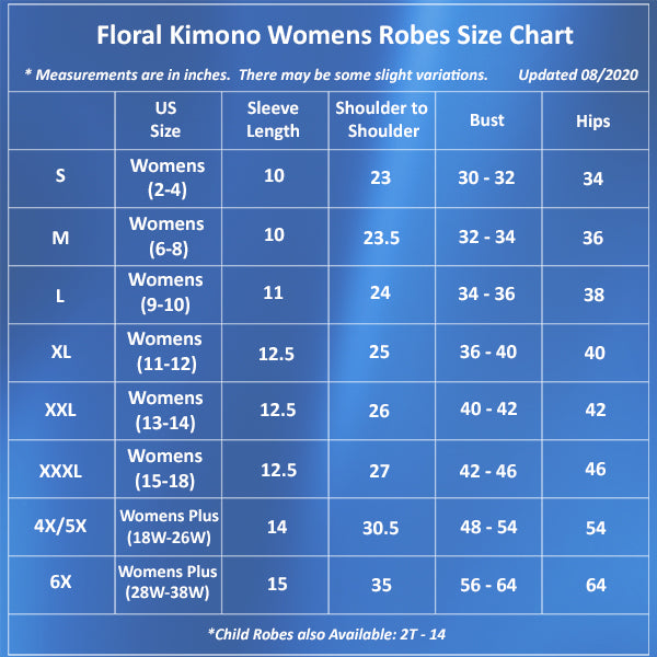 Jewel Blue Mommy and Me Robes, Floral, Satin, Womens Size Chart Guide, all SKUs