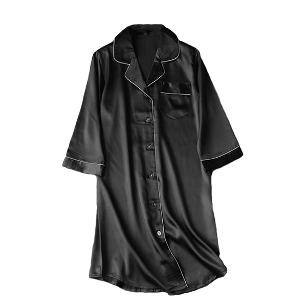 Womens Long Nightshirt, Lightweight Satin Sleepwear, With Pockets, 3/4 Sleeve XS-4XL, Flat; Black