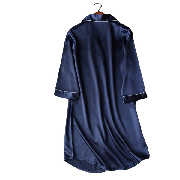 Womens Long Nightshirt, Lightweight Satin Sleepwear, With Pockets, 3/4 Sleeve XS-4XL; Navy Blue