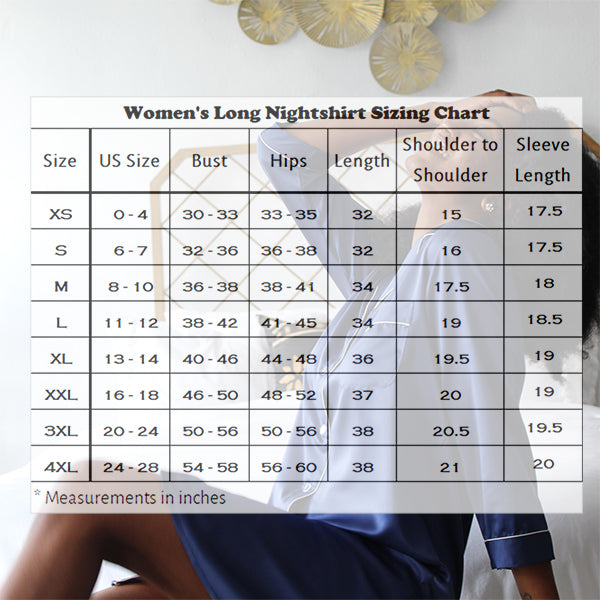 Womens Long Nightshirt, Lightweight Satin Sleepwear, With Pockets, 3/4 Sleeve XS-4XL; Size Chart, all SKUs