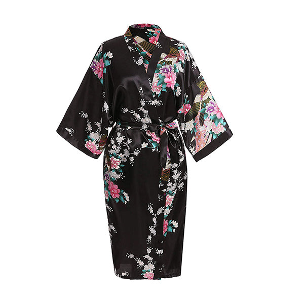 Medium Length Floral Womens Robe, Black