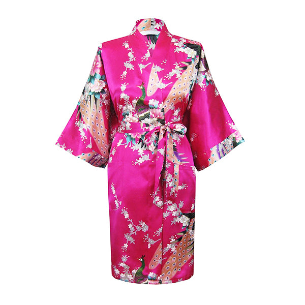 Womens Floral Kimono Robe - Bright Pink - Knee Length - Satin