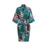 Womens Floral Kimono Robe - Dark Green- Knee Length - Satin