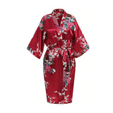 Womens Floral Kimono Robe - Dark Red / Burgundy - Knee Length - Satin