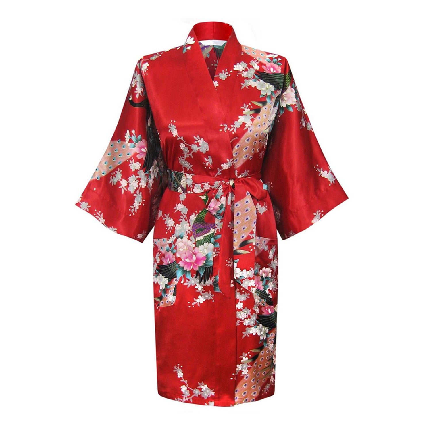 Womens Floral Kimono Robe - Fiery Red - Knee Length - Satin