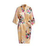 Womens Floral Kimono Robe - Gold - Knee Length - Satin