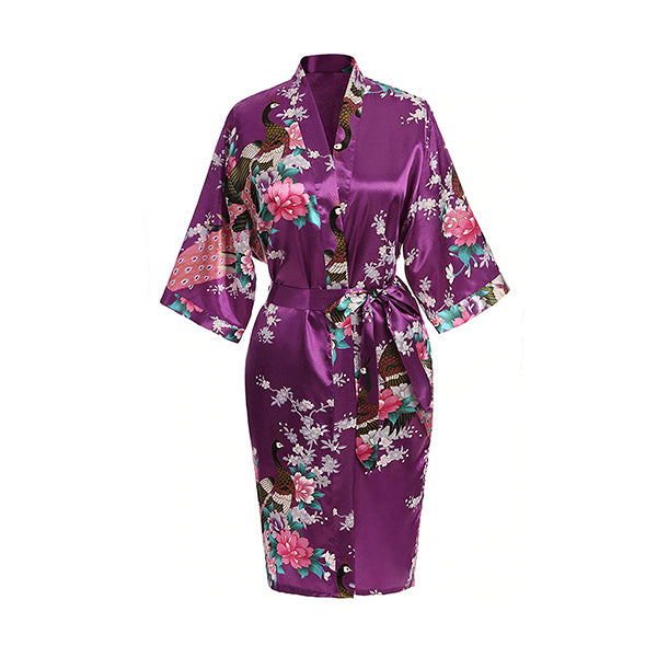 Womens Floral Kimono Robe - Purple - Knee Length - Satin
