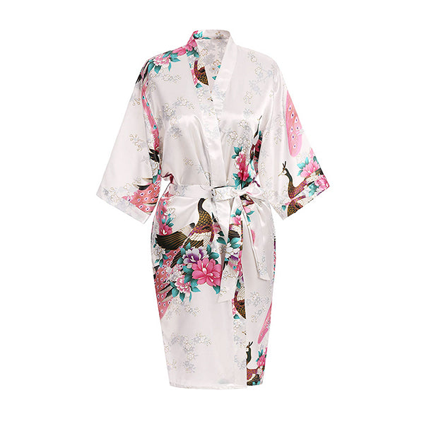 Womens Floral Kimono Robe - White - Knee Length - Satin