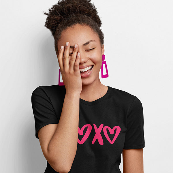 Simple design with XoXo that can be printed in standard print or glitter print.  This love t-shirt is also available in other styles. all SKUs
