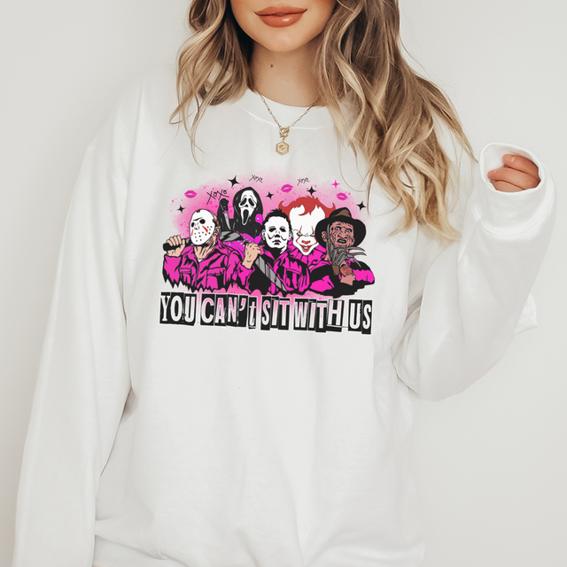 A take on Mean Girls with the You Can't Sit With Us phrase featuring all the not so friendly Halloween Monsters. all SKUs